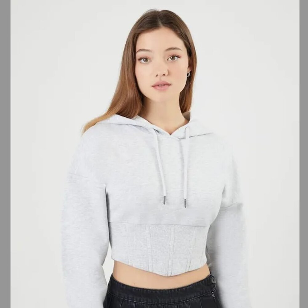 Forever 21 Corset Hoodie Solid Grey Terry 100% Cotton Size S Sweater Sweatshirt